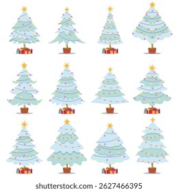 Variety of holiday-themed Christmas tree illustrations featuring ornaments and gift boxes, designed in a colorful and festive style  can be used for printed materials-posters, leaflets, greeting card.