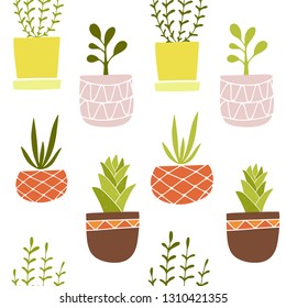 Variety of house plants in different clay pots. Seamless pattern. Vector illustration