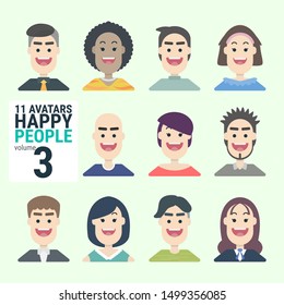 Variety of human 11 Avatars Happy PEOPLE volume 2. With a variety of characters including face, dress, and unique style. You can choose and can be used easily. flat design vector illustration.