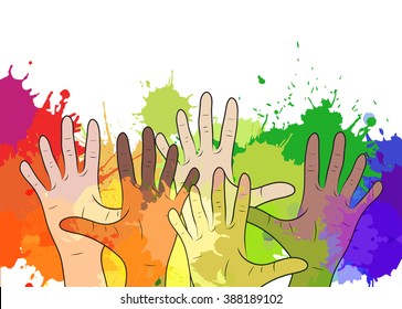 Variety of human hands on background of watercolor splashes. Vector element for your creativity