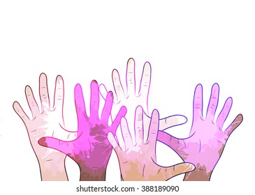 Variety of human hands with watercolor splashes. Vector element for your creativity