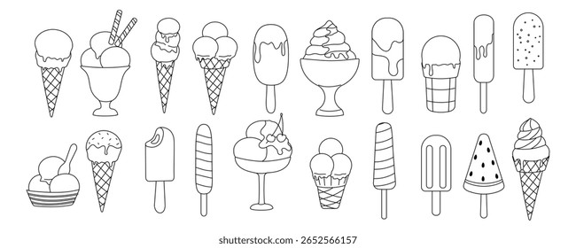 Variety of ice cream treats displayed in a playful design featuring cones, cups, and popsicles in a simple outline style