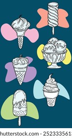 a variety of ice cream types including cones, bowls, and popsicles, set against a colorful, abstract background to appeal to dessert lovers.