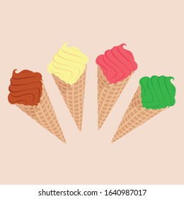 Variety of ice cream in wafer cone chocolate, pistachio, vanilla and strawberry