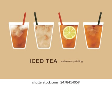 A variety of iced teas watercolor