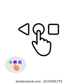 Variety icon. Hand choosing a symbol from a row of different shape objects. Select from many things outline style symbol. Adjustable stroke width.