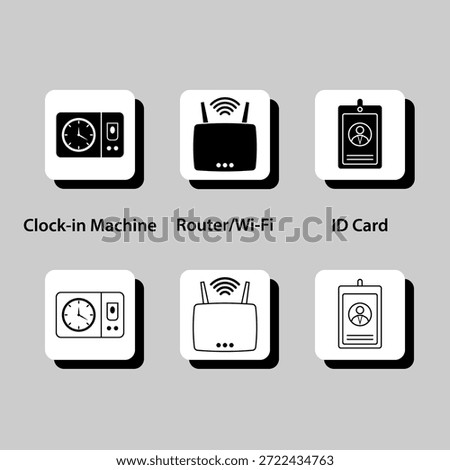 A variety of icons for different devices, including a clock, router, and ID card