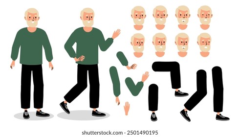 A variety of illustrated characters showcasing an elderly man in different poses, expressions, and seasonal attire