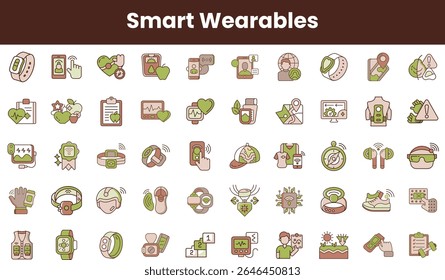 A variety of illustrated icons showcasing smart wearables, including fitness trackers, smart glasses, and health-monitoring devices in earthy tones.