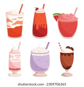 Variety Of Indulgent Milkshakes. Creamy, Flavorful, And Irresistible. From Classic Chocolate And Vanilla To Unique Flavors Like Cookies And Cream Or Strawberry Cheesecake. Cartoon Vector Illustration