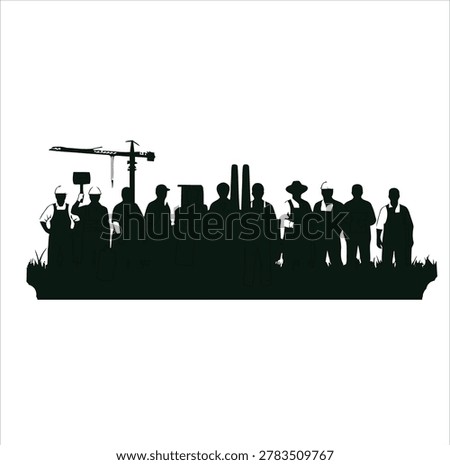 Variety of industrial workers, construction workers, and factory employees. Group of labor people in silhouette.