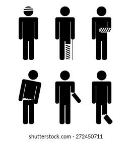 A variety of injuries. Broken arm, leg, torso, head. Bandaged.