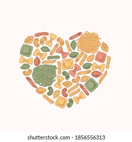 Variety of italian pasta heart shape. Different kind of pasta. Engraved style illustration. Vector illustration