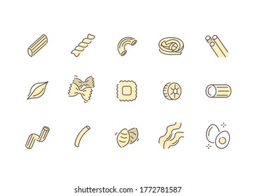 Variety Italian Pasta and Noodles Symbols. Spaghetti, Penne, Fusilli and other Dishes Signs. Food from Wheat Flour Concept. Flat Line Vector Illustration and Icons set.