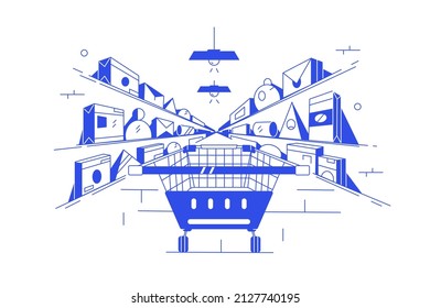 Variety of items and products offer assortment on supermarket shelves vector illustration. Shopping and food retail concept