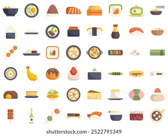 Variety of japanese cuisine and dishes are presented as colorful icons in a flat design