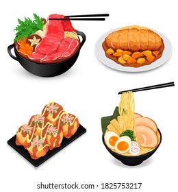 Variety japanese foods illustration vector. (Sukiyaki, Curry rice, Takoyaki and Ramen)