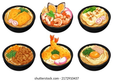 Variety japanese udon noodles soup set collection illustration vector  (Kitsune tofu  Seafood noodles  Chikara rice cake  Abura ramen  tempura udon  Original udon) Asian noodle bowl isolated set menu 