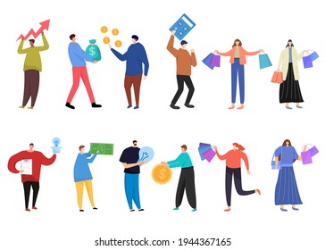 A variety of job bundles for hosting illustration work such as stock, investment, shareholder, individual, creative in a white background. vector illustration flat design