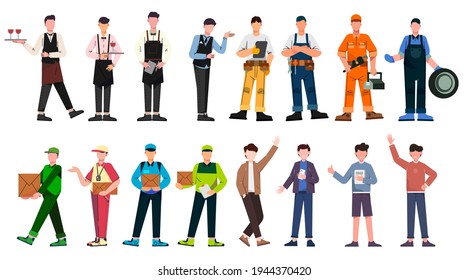 A variety of job bundles for hosting illustration work such as waiter, electrician, repairman, delivery, student in a white background. vector illustration flat design