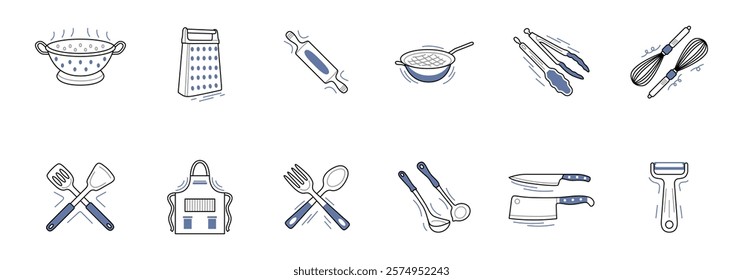 variety of kitchen tools and utensils including cooking and baking implements.