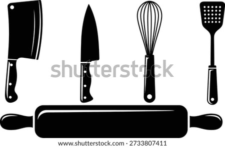 A variety of kitchen utensils including a cleaver, knife, whisk, and spatula.