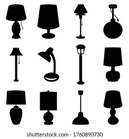 Variety of lamps, bulb and light items isolated flat vector icon set