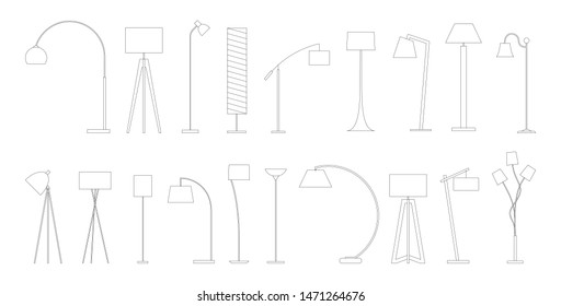 Variety of lamps for home and office. Collection of lamp icons, thin line style, vector stock illustration.