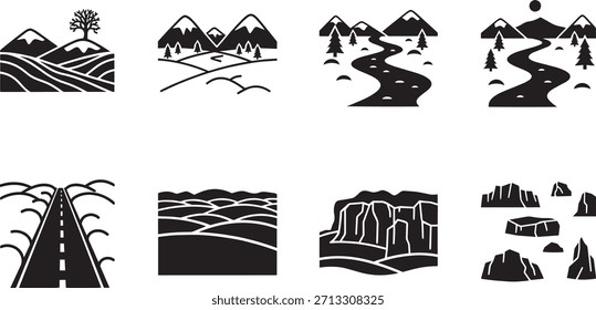 Variedade de elementos de design de paisagem. Imagens gráficas vetoriais naturais.