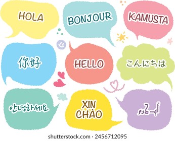 Variety of language greeting words. Colorful hand drawn doodle style with greeting phrase with chat bubbles. Comic style. Hola, Bonjour, Kamusta, Hello, Xin Chao. Cute memo with greeting shorts words.