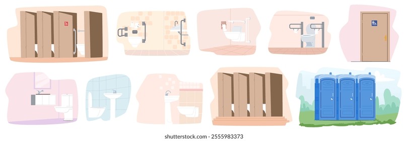 Variety of lavatory room, hygiene restroom, park outdoor WC and public indoor sanitary washroom interior design equipped for healthy people and special service for inclusion vector illustration set