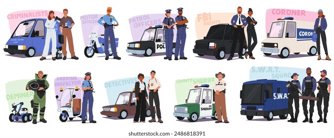 Variety Of Law Enforcement Professionals, Including Patrol Officers, Detectives, Swat Team, Fbi Agents, And More. Character Depicted In Uniforms Performing Their Duties. Cartoon Vector Illustration