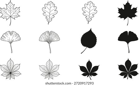 Variedade de ilustrações de folha em preto e branco