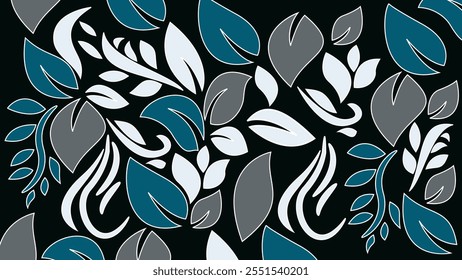 A variety of leaf shapes and sizes are depicted in shades of blue green and gray creating a sense of depth and movement
