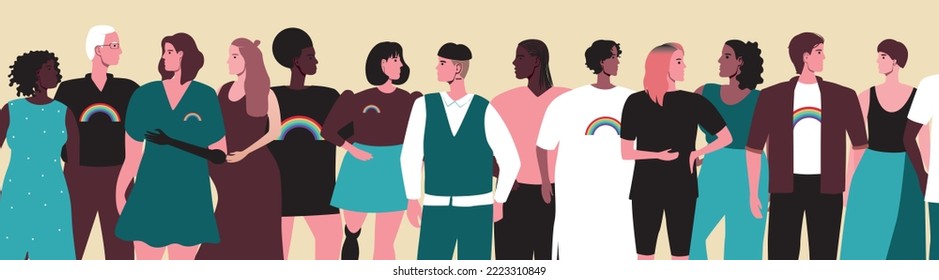 Variety of LGBTQ people isolated, flat vector stock illustration with different ethnic group, age, gender, including non-binary personas