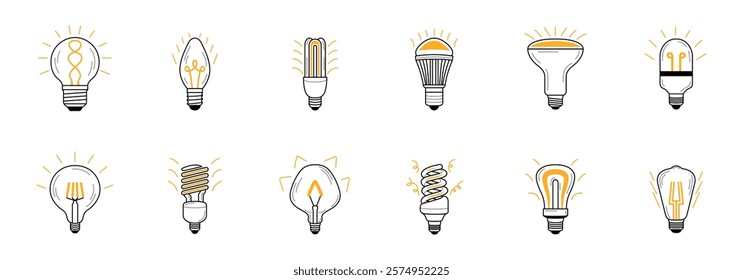 variety of light bulb types including incandescent, LED, and CFL bulbs, illustrating different lighting options.