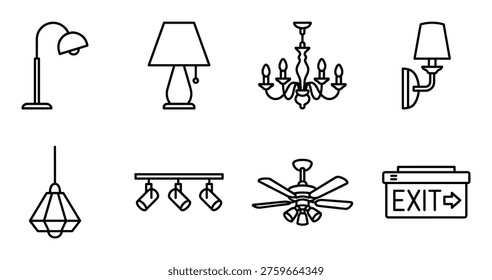 Variety of lighting solutions featuring floor lamps table lamps chandeliers wall sconces ceiling fans and exit signs