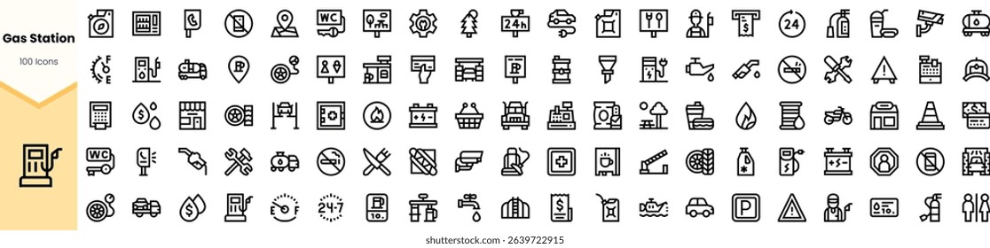 A variety of line icons representing gas station features and services, including fuel types, amenities, and operational signs, suitable for various design projects.
