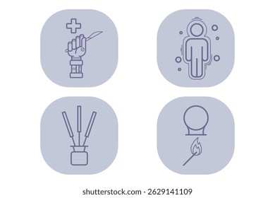 Variety of line icons representing themes of medical technology, human representation, robotics, and tools. Ideal for use in design related to health and wellness