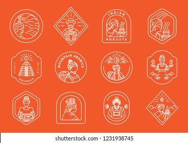 Variety of local coffee farmer line badge design with variety line element about local Ethiopian coffee farmer,coffee beans,coffee drop,mountain,cup and jar of fresh coffee vector illustration.