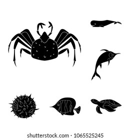 A variety of marine animals black icons in set collection for design. Fish and shellfish vector symbol stock web illustration.