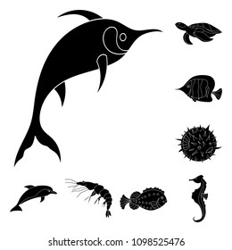 A variety of marine animals black icons in set collection for design. Fish and shellfish vector symbol stock web illustration.
