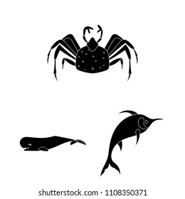 A variety of marine animals black icons in set collection for design. Fish and shellfish vector symbol stock web illustration.