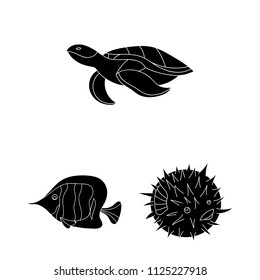 A variety of marine animals black icons in set collection for design. Fish and shellfish vector symbol stock web illustration.