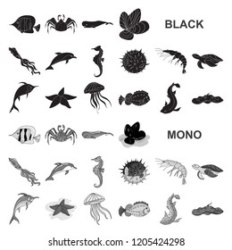 A variety of marine animals black icons in set collection for design. Fish and shellfish vector symbol stock web illustration.