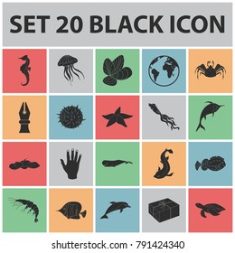 A variety of marine animals black icons in set collection for design. Fish and shellfish vector symbol stock web illustration.