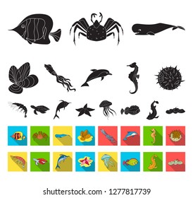 A variety of marine animals black,flat icons in set collection for design. Fish and shellfish vector symbol stock web illustration.
