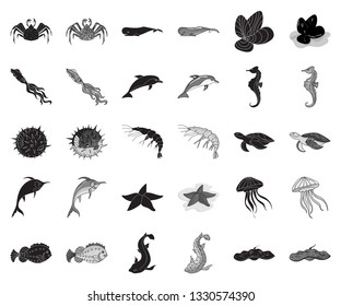 A variety of marine animals black,monochrome icons in set collection for design. Fish and shellfish vector symbol stock web illustration.