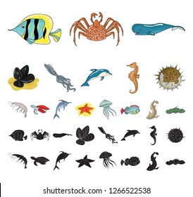 A variety of marine animals cartoon, black icons in set collection for design. Fish and shellfish vector symbol stock web illustration.