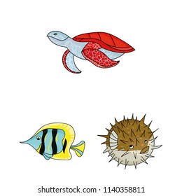 A variety of marine animals cartoon icons in set collection for design. Fish and shellfish vector symbol stock web illustration.